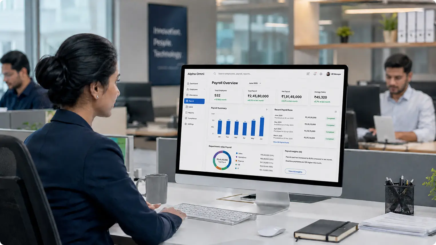 AlphaOmni AI Payroll and HRMS Software Dashboard India